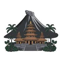 A temple with a volcano in the background vector