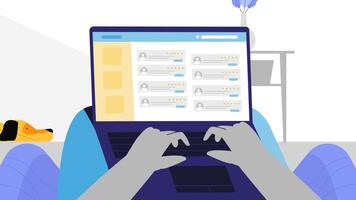 Hands Typing on Laptop Displaying User Reviews in a Relaxed Home Setting vector