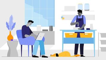 Modern Workspace with Remote Work and Kitchen Scene in Minimalist Style vector