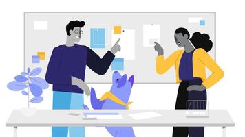 Collaborative Teamwork Illustration Featuring Professionals and Playful Dog in Creative Workspace vector