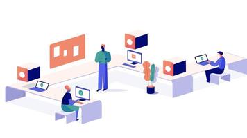 Collaborative Workspace with Professionals Testing and Reviewing Software in Flat Style vector