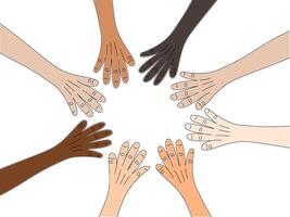 A visual representation of diverse hands coming together in a circle, collaboration, symbolizing unity and inclusion. vector