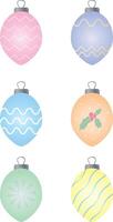 Minimalist and colorful Christmas tree ornaments collection featuring multicolored decorative elements for holiday designs, festive greeting cards, New Year projects. illustration vector