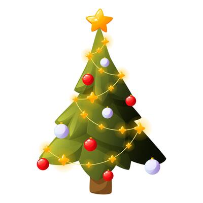Christmas green tree on white background. Beautiful shining New Year tree with decorations, balls, garland, lights and golden star on top. Festive spruce. Clip art for postcards and posters.