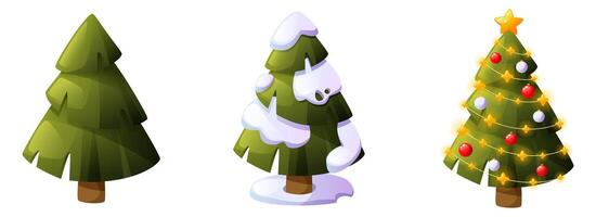Set of illustrations of fir trees in three different situations. Green forest spruce. Winter snowy fir tree. Christmas tree decorated with star, toys and garland. Happy New Year concept. vector