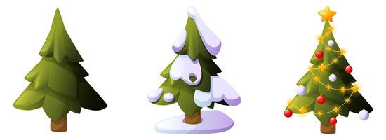 illustration of a Christmas tree in three different views on a white background. Green forest tree. Winter snow-covered tree in snowdrifts. Christmas tree decorated with balls and garland. vector