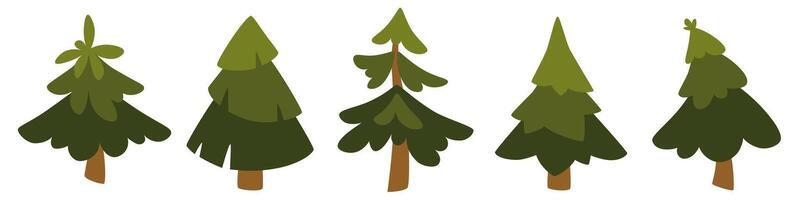 set of green pines and firs of different shapes in flat style. Forest tree, pine for landscape design. Christmas tree without decorations. Clip art for children's books and educational games. vector