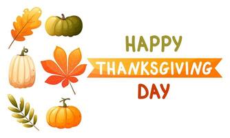 illustration for thanksgiving greeting. Happy Thanksgiving text with autumn leaves and pumpkins. Color illustration for holiday greeting card, invitation, web banner. vector