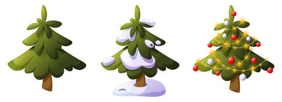Set of illustrations of fir trees in three different situations. Green forest spruce. Winter tree in snow. Christmas tree decorated with toys and garland. Happy New Year concept. vector