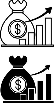 Earnings Icons. Black and White Illustrations. Money Bag and Profit Growth Chart. Stock Market Concept