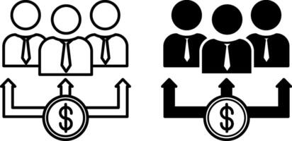 Dividend Icons. Black and White Illustration. Profit Share Distributed Among Shareholders. Investors and Dollar Coin. Stock Market Concept vector
