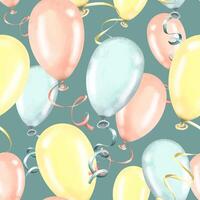 Festive, seamless pattern with balloons of yellow, blue and pink colors on a turquoise background. Watercolor illustration from a large set of HAPPY BIRTHDAY. For decoration and background design. vector