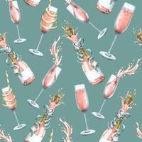 Bottles and glasses with pink champagne, with festive ribbons. Watercolor illustration. Seamless pattern on a turquoise background from a large set of HAPPY BIRTHDAY. For congratulations and gifts vector