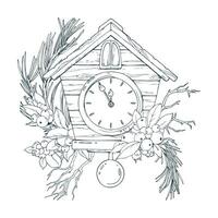 Wooden antique clock with pendulum and dial in the form of a house with fir branches, snowberry. Line art is a simple hand-drawn illustration in black and white ink. Composition arrangement EPS vector