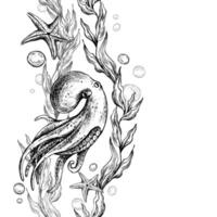 octopus, sea blue algae with leaves wriggling in wave with bubbles and coral starfish. Graphic illustration hand drawn in black ink underwater world. Seamless vertical border pattern for long projects vector