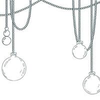 Beads with Christmas balls hanging on chains. Line art is a simple hand-drawn illustration in black and white ink. Template, frame, decorative framing EPS. Christmas, New Year vector