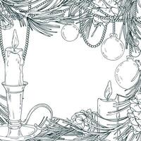 Beads with Christmas balls hanging with pine branches, cones and candles. Line art is a simple hand-drawn illustration in black and white ink. Template, frame, decorative framing EPS vector
