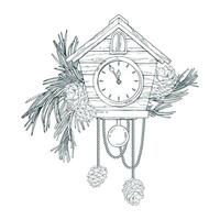 Wooden clock with pendulum and dial in the form of a house with beads pine branches and cones. Line art is a simple hand-drawn illustration in black and white ink. Composition arrangement vector