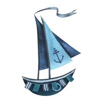 Nice blue boat with sails, striped ribbon, garland flags, anchor. Hand drawn watercolor illustration in children s style. Isolated object on a white background vector