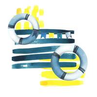 A blue and white lifebuoys with a garland of flags against a background of nautical turquoise and yellow stripes. Watercolor illustration drawn in a childish style. Composition on white background vector