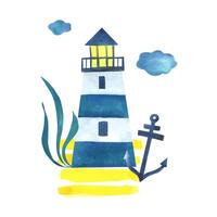 Striped blue lighthouse with anchor, algae on yellow sand and clouds. Nautical watercolor illustration hand drawn in childish abstract style. Isolated composition on white background vector