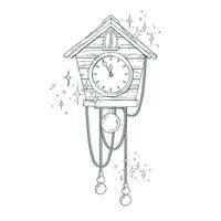 Wooden clock with a pendulum in the form of a house with beads. Line art is a simple hand-drawn illustration in black and white ink. Composition arrangement EPS. Christmas, New Year vector