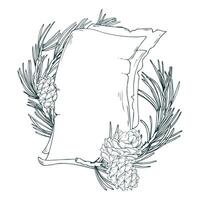 Blank template for text from craft sheets decorated with pine branches and cedar cones. Line art is a simple hand-drawn illustration in black and white ink. Composition template EPS vector