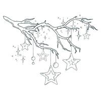 Dry tree branch without leaves with hanging New Year s shimmering stars and beads. Line art is a simple hand-drawn illustration in black and white ink. Composition arrangement EPS vector