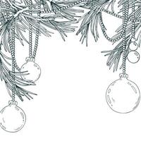 Beads with Christmas balls hanging on chains with pine branches. Line art is a simple hand-drawn illustration in black and white ink. Template, frame, decorative framing EPS. Christmas New year vector