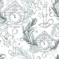 Wooden house clock with cuckoo, pine branches and cones, candles in a candlestick, sparkling stars. Line art is a simple hand-drawn illustration in black and white ink. Seamless pattern EPS vector