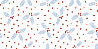 Christmas holly leaves with berries seamless pattern for wrapping paper, festive design. Simple cute winter holiday season background. Flat modern texture. vector