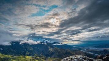 Time lapse of rain clouds moving over mountains in a national park Thorsmork. Iceland video