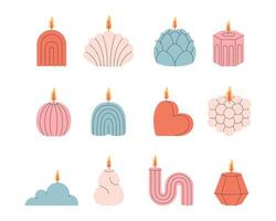 Decorative aromatic candles various shapes and colors. Burning scented candles, home interior, aromatherapy. vector