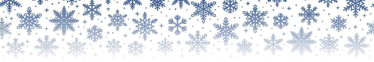 White snowflake banner, winter snow confetti frame, header or border design for the holidays, festive minimalist wide horizontal background design vector