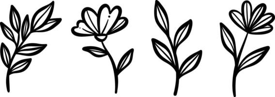 Flower and leaf ink doodles, hand draw simple minimalist foliage illustrations, tiny botanical clip art decorative set, isolated vector