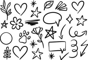 Cartoon ink doodles, fun decorative ink illustrations, speech bubble and scribbles, highlight elements, isolated vector
