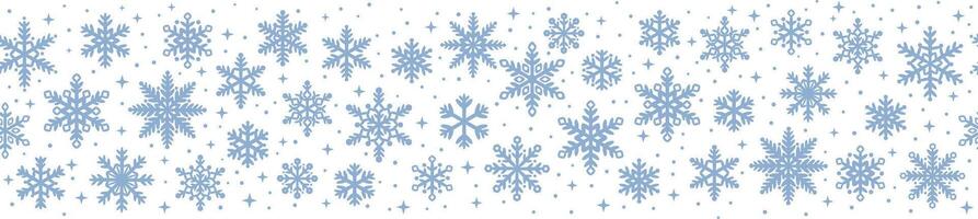 Blue snow banner, snowflake borer seamless repeating decorative pattern element, winter holiday Christmas or New Year greeting template vector