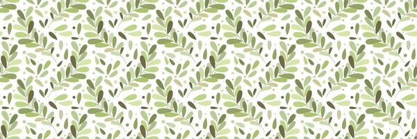 Green leaf print banner, seamless repeat pattern with leaves, horizontal background design vector