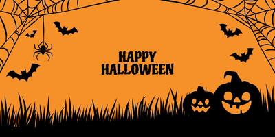 Happy Halloween greeting template, cute cartoon frame, happy pumpkin lanterns and scary spider web background design vector
