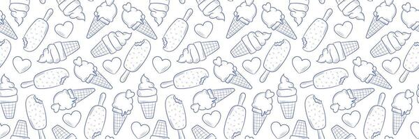 Ice cream line art banner, seamless repeating pattern design, summer background or cover vector
