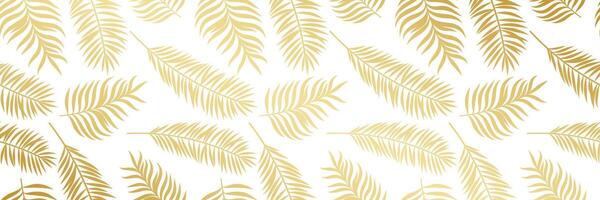 Golden tropical leaves banner, foliage pattern, leaf print background design vector