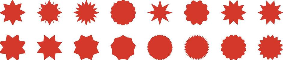 Red star burst abstract geometric shape collection, retro badge or label sunburst decorative clip art element set vector