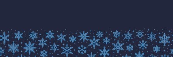 Snowflake banner, seamless repeating festive holiday border pattern, dark Christmas or New Year empty cover or invite design vector