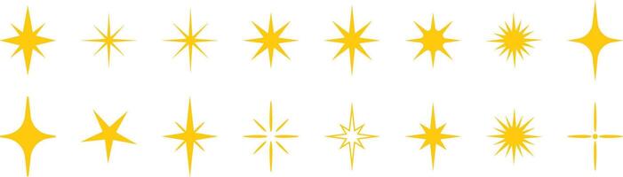 Star shape set, yellow shining sparkles, flat clip art decorative element collection vector