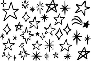 Star doodle, ink sparkles, hand drawn burst illustration set, black line art design collection, isolated vector
