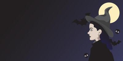 Witch illustration banner, Halloween background design, cartoon character design at night, blank template vector