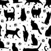 Cat seamless pattern, repeat backgorund with kitten silhouettes and paws, simple black and white wallpaper tile vector