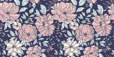 Dark floral background pattern, seamless repeating pattern with peony illustrations, flower banner or cover concept vector