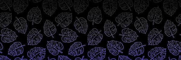 Dark blue on black monstera banner, gradient leaf print, neon summer cover, seamless pattern border, horizontal background design vector