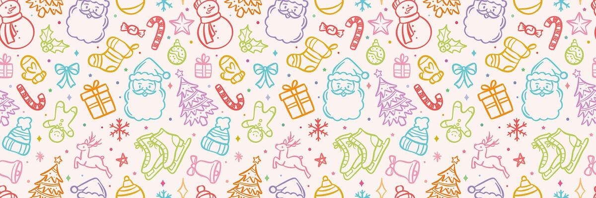 Colorful Christmas illustration banner seamless repeating pattern background, winter holiday doodle print